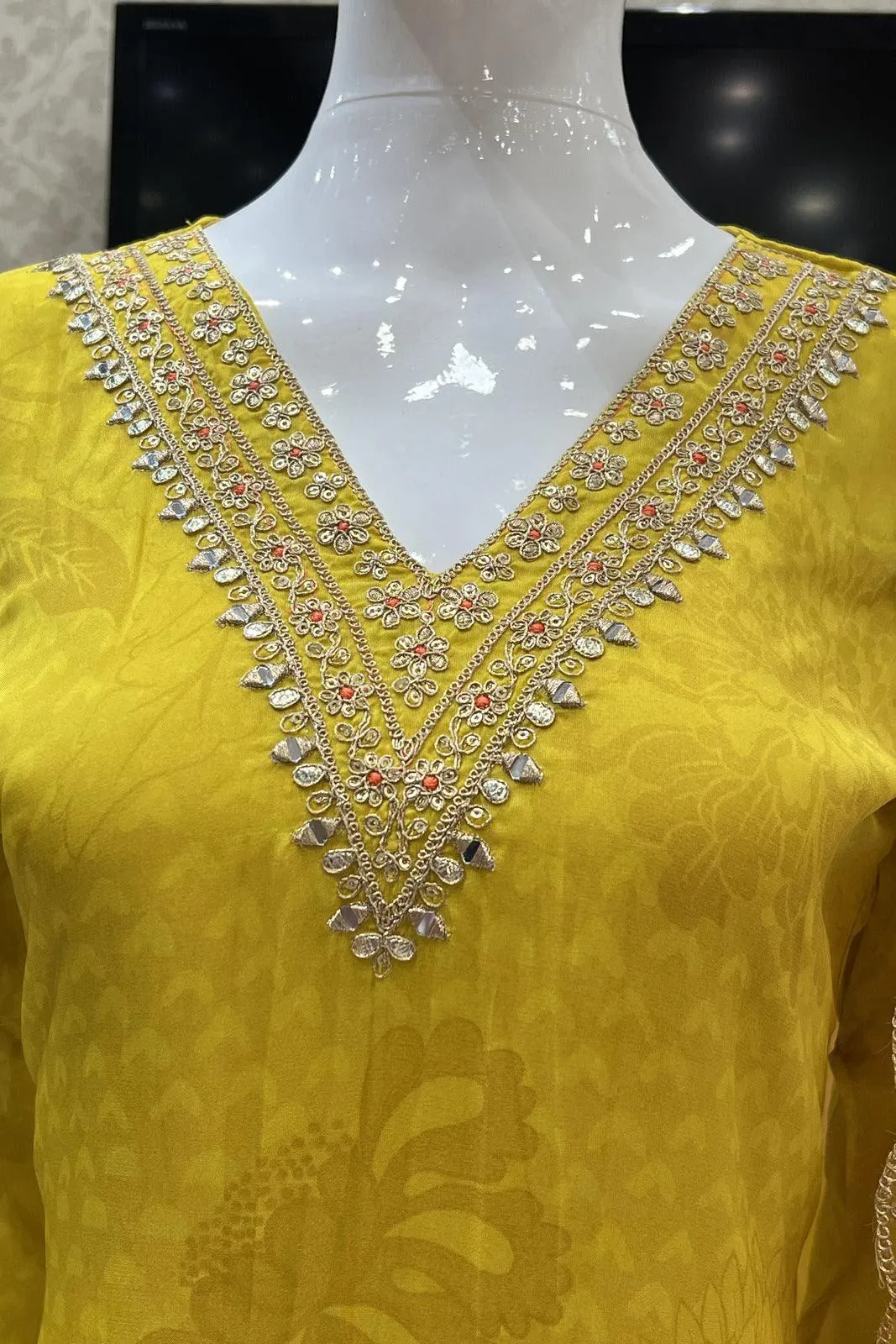 Lemon Yellow Printed, Zari, Sequins and Mirror work Straight Cut Salwar Suit