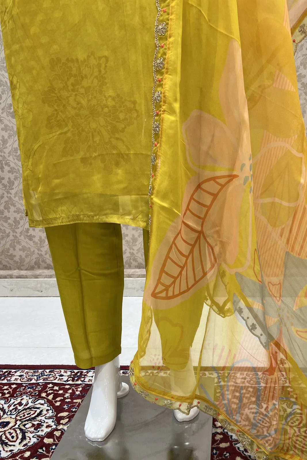 Lemon Yellow Printed, Zari, Sequins and Mirror work Straight Cut Salwar Suit