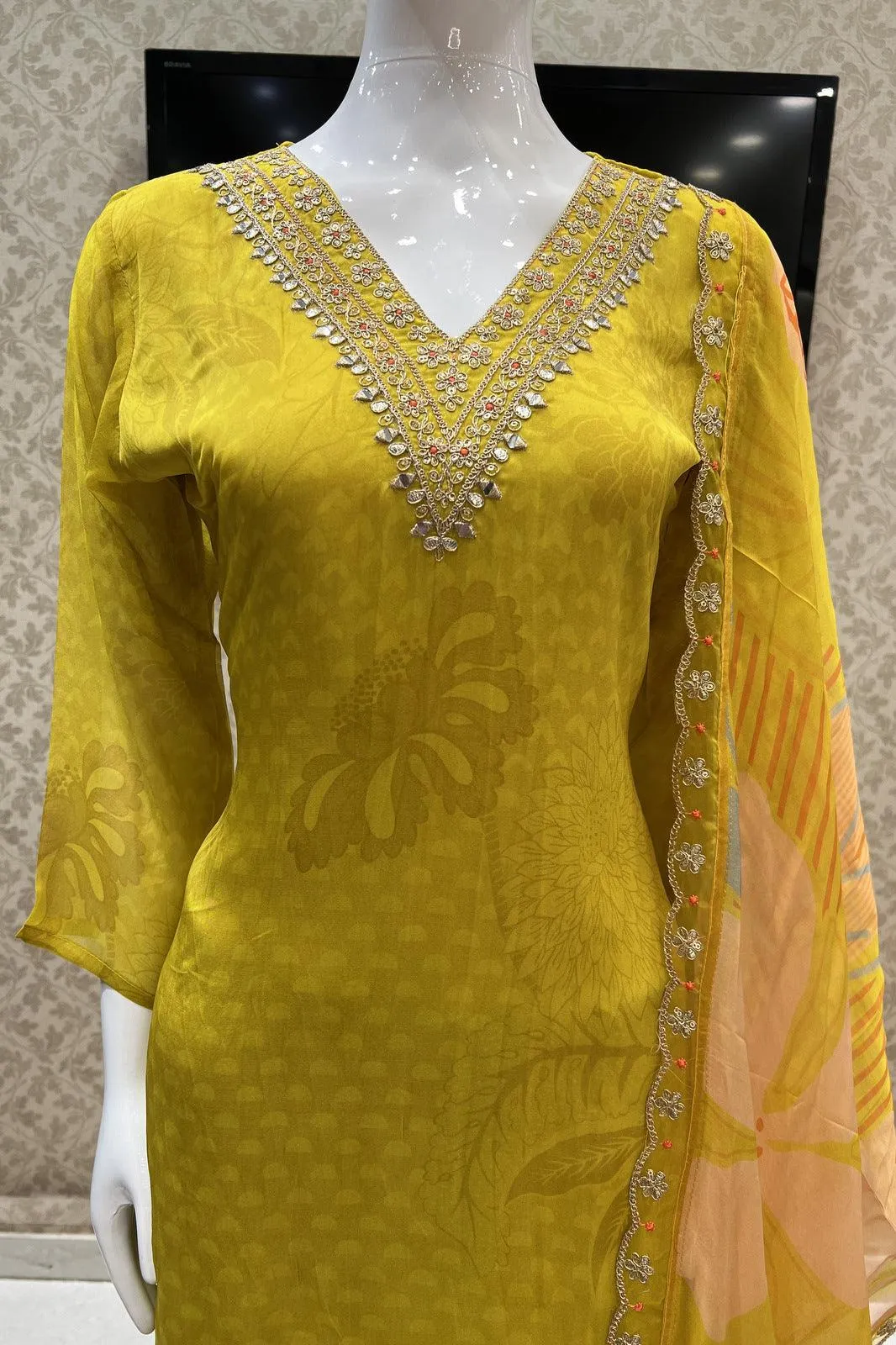 Lemon Yellow Printed, Zari, Sequins and Mirror work Straight Cut Salwar Suit