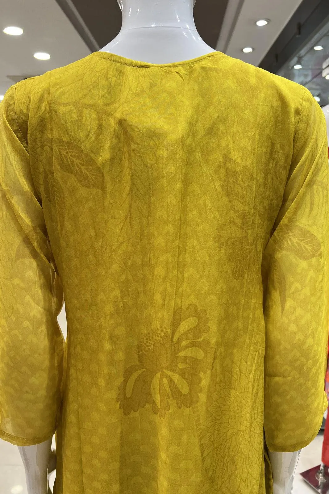 Lemon Yellow Printed, Zari, Sequins and Mirror work Straight Cut Salwar Suit