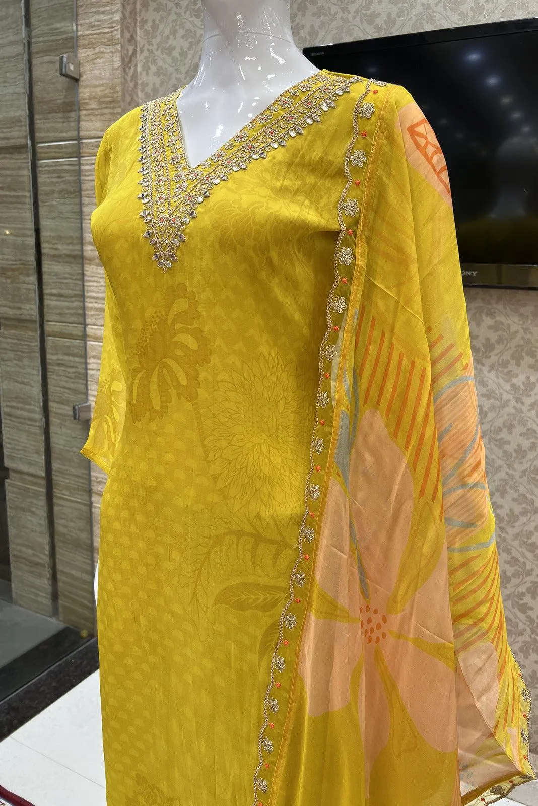 Lemon Yellow Printed, Zari, Sequins and Mirror work Straight Cut Salwar Suit