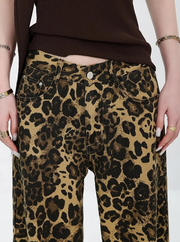 Leopard Print Straight-Leg Denim Jeans