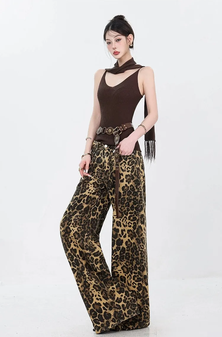 Leopard Print Straight-Leg Denim Jeans