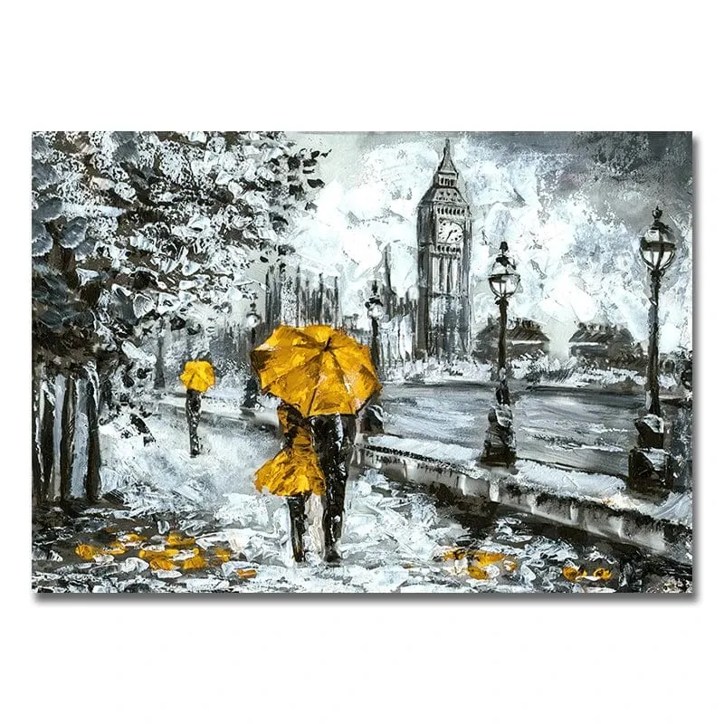 London Scenery Lovers Under On Umbrella Landscape Oil Painting Canvas Artwork Print