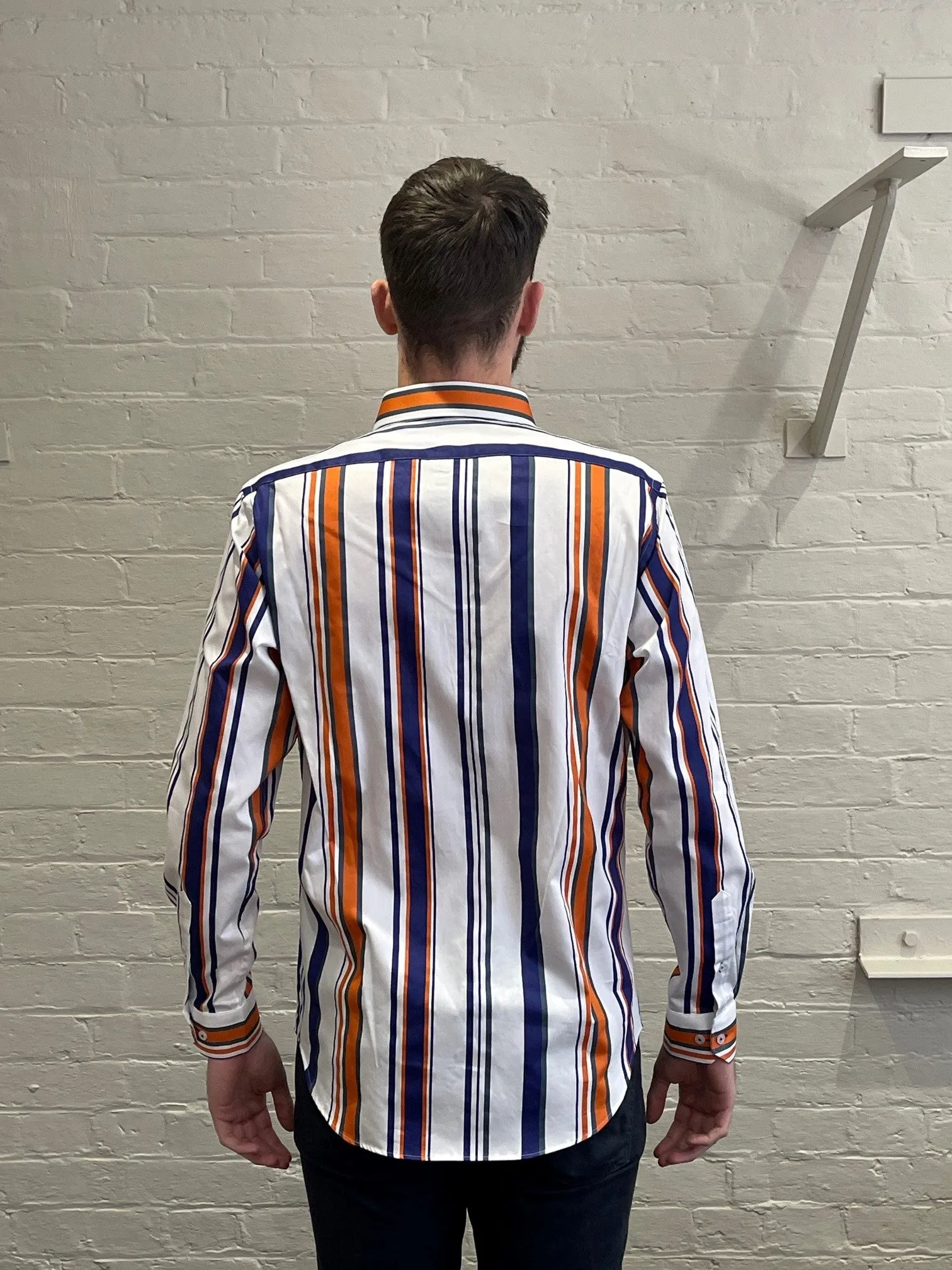 Long Sleeve Business Shirt - Striped - White, Navy & Orange