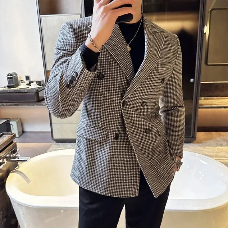 Luxury British Style Men's Double Breasted Slim Fit Houndstooth Blazer Dress Jacket