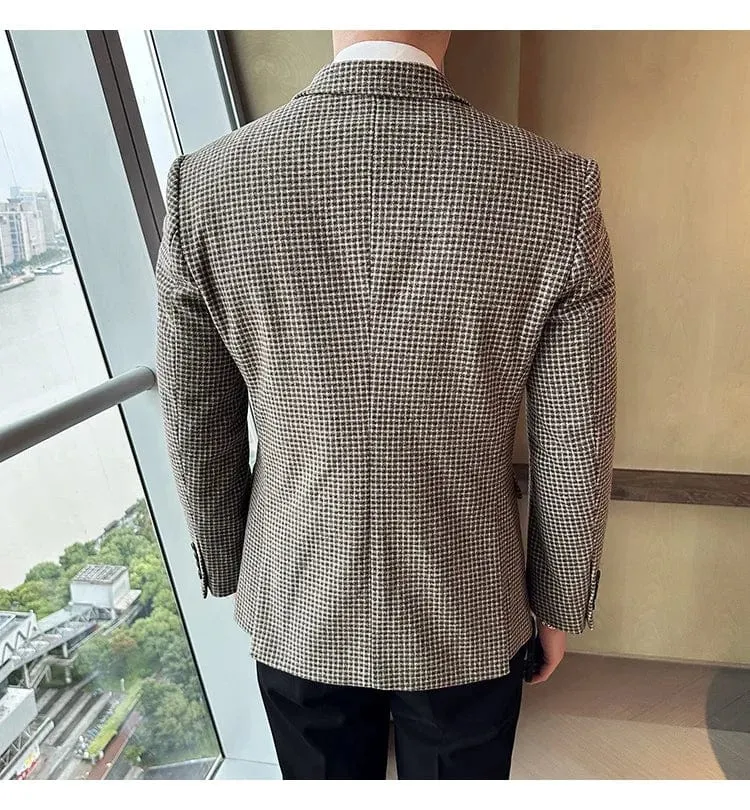 Luxury British Style Men's Double Breasted Slim Fit Houndstooth Blazer Dress Jacket