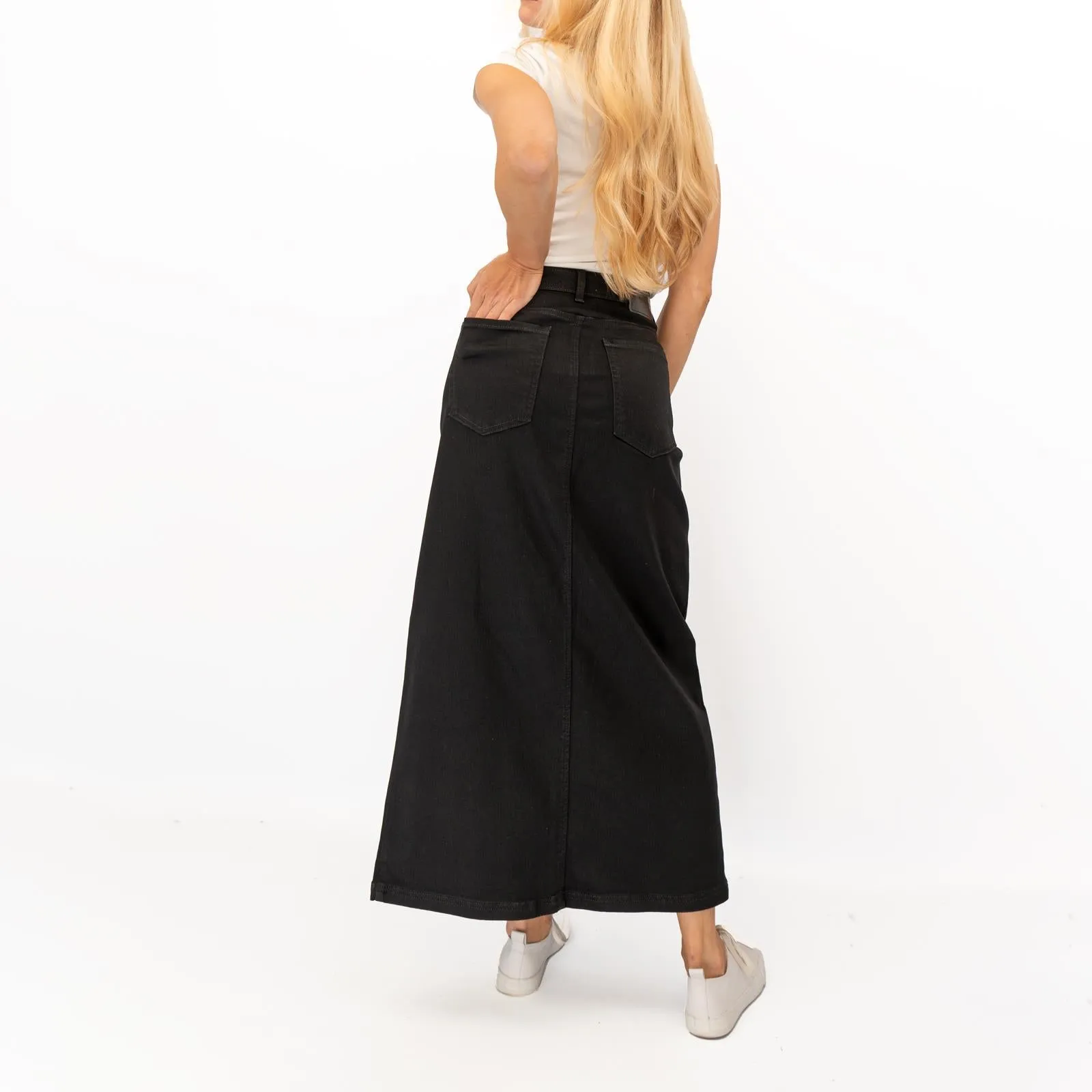 M&S Black Denim Maxi Skirt Front Split