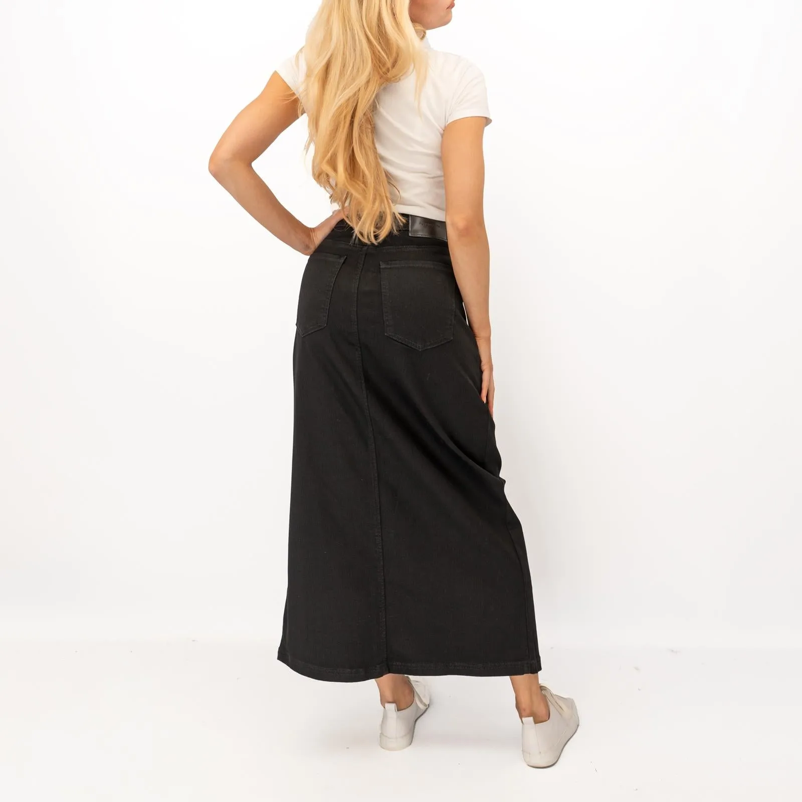 M&S Black Denim Maxi Skirt Front Split