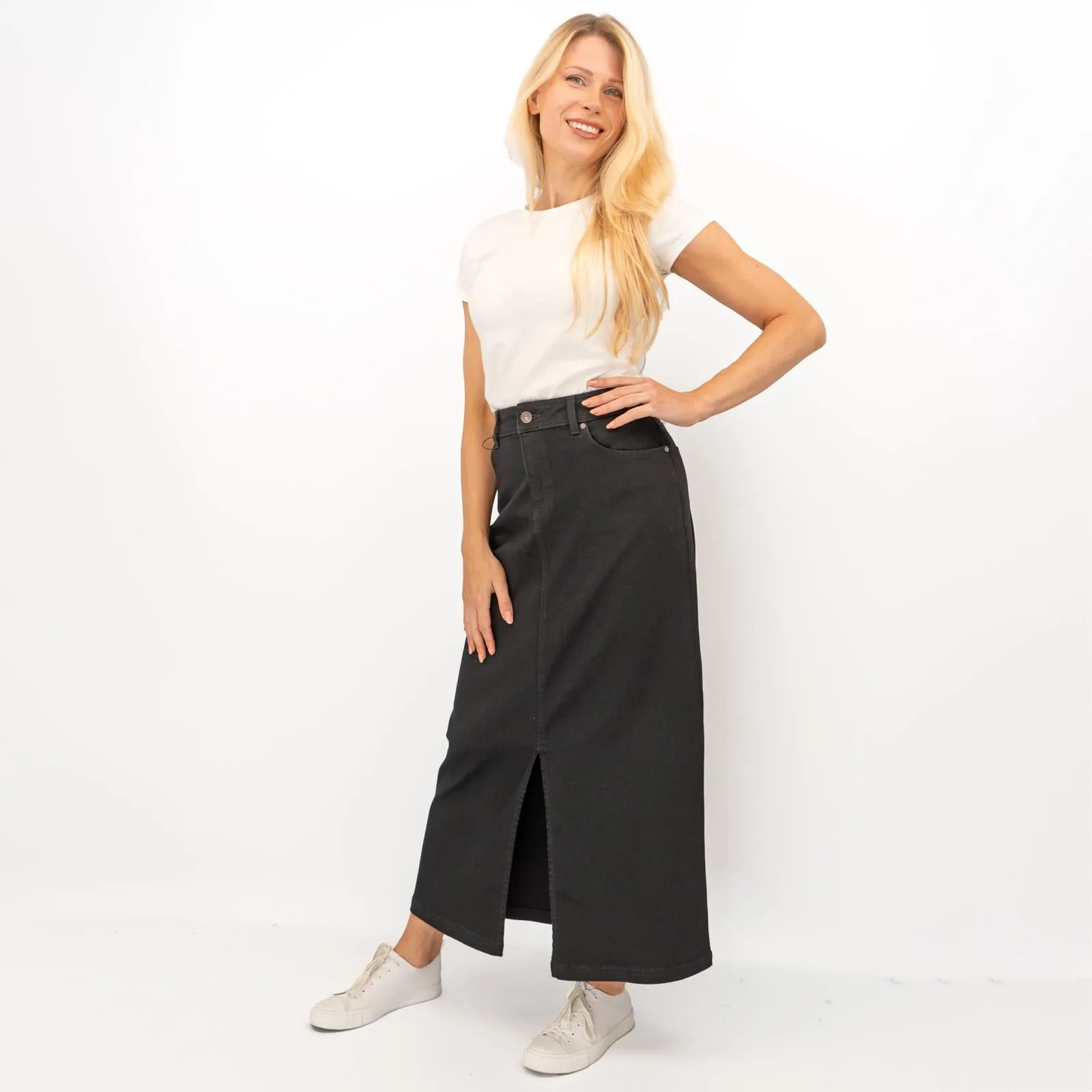 M&S Black Denim Maxi Skirt Front Split