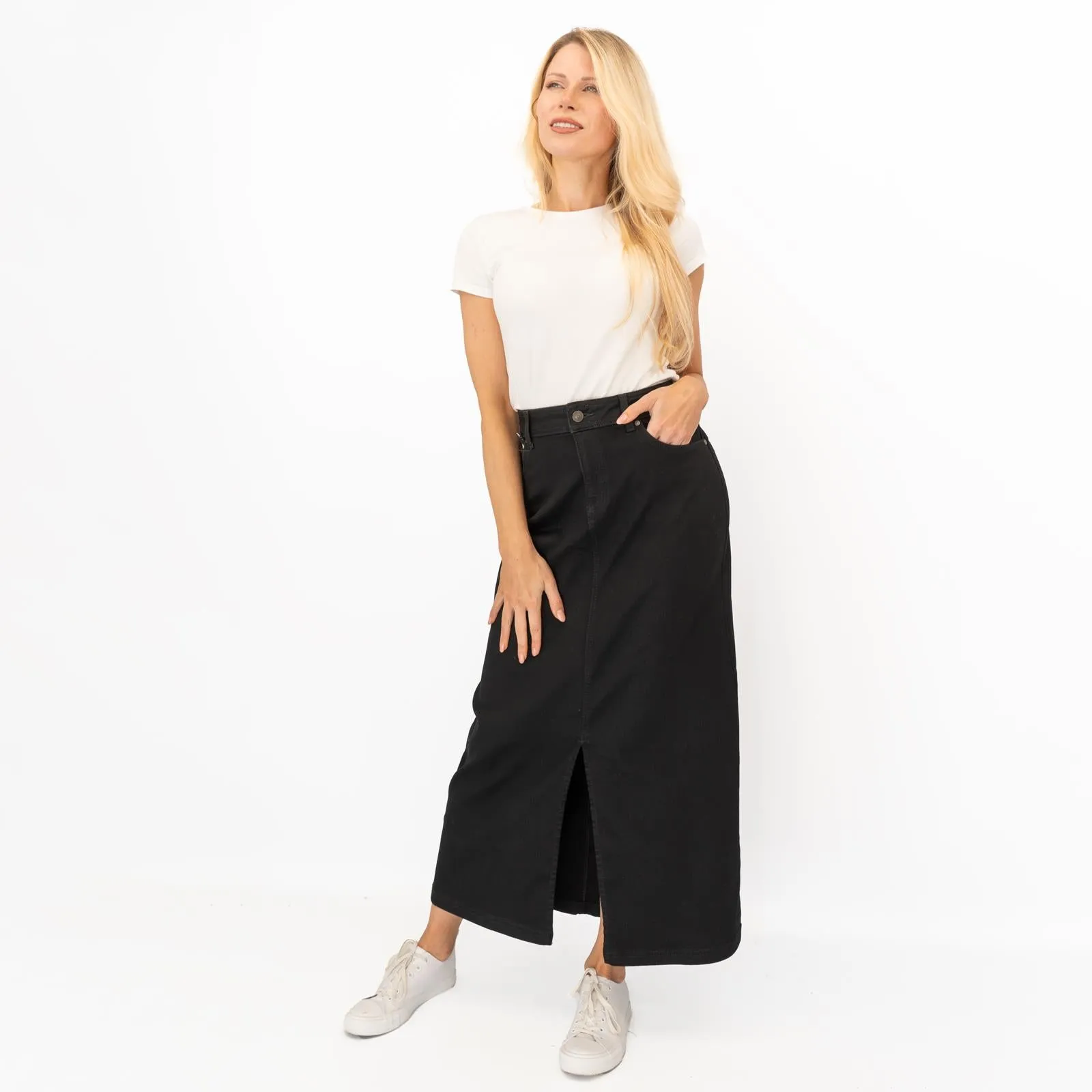 M&S Black Denim Maxi Skirt Front Split