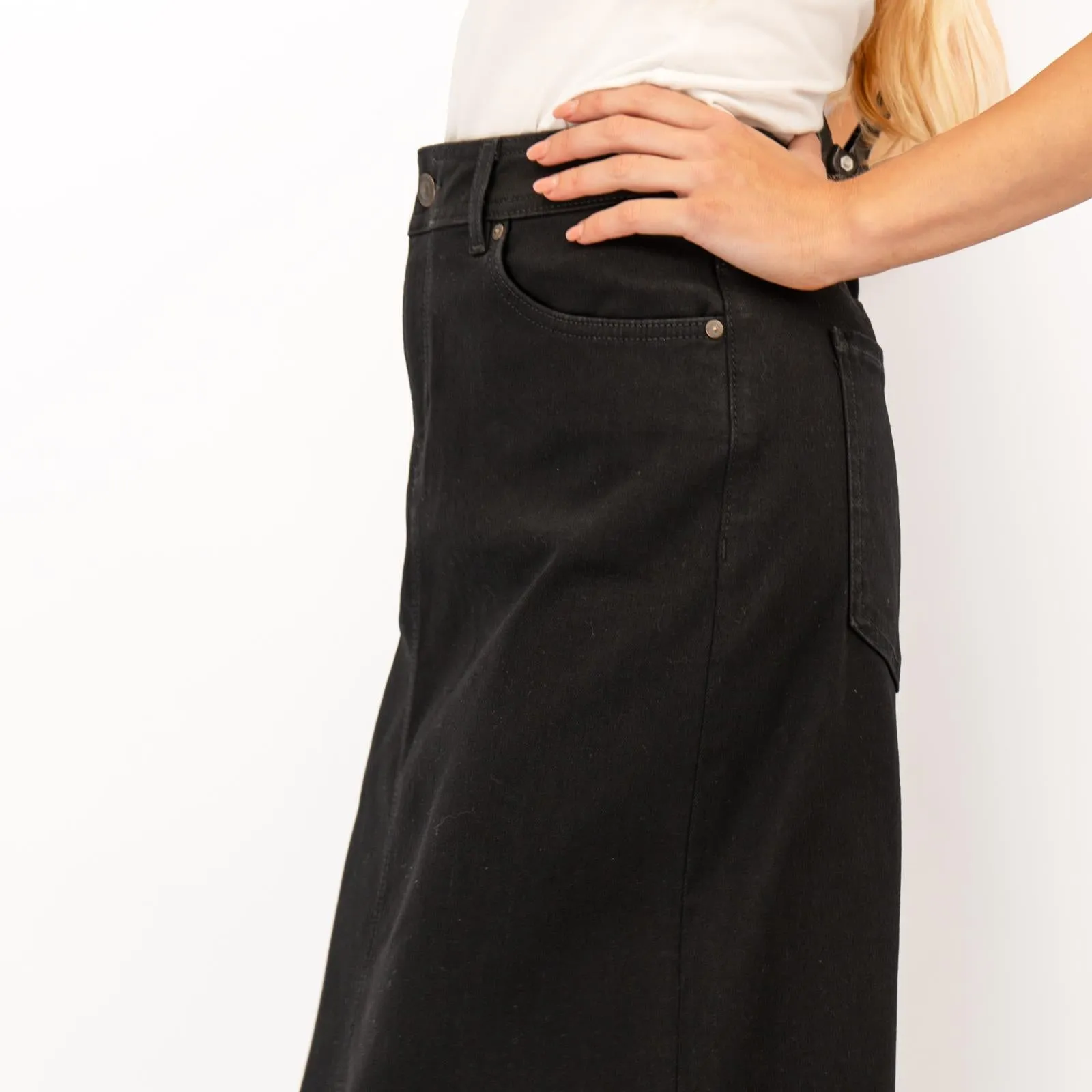 M&S Black Denim Maxi Skirt Front Split