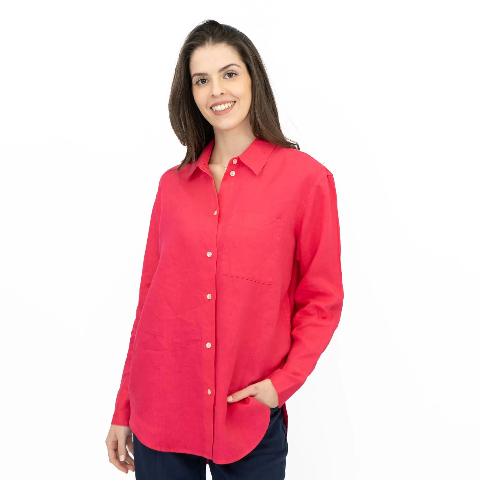 M&S Womens Fuschia Pure Linen Collared Blouse