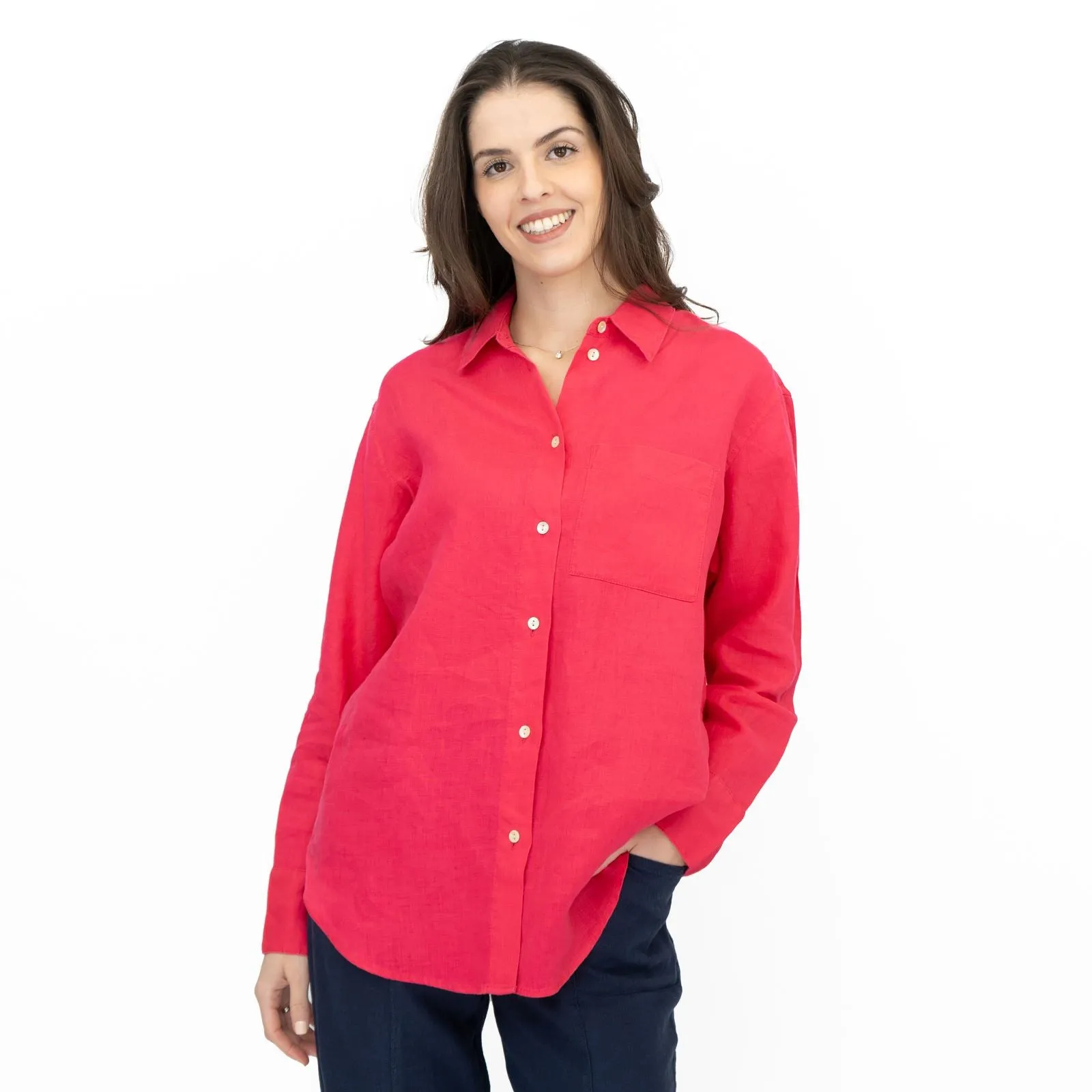 M&S Womens Fuschia Pure Linen Collared Blouse