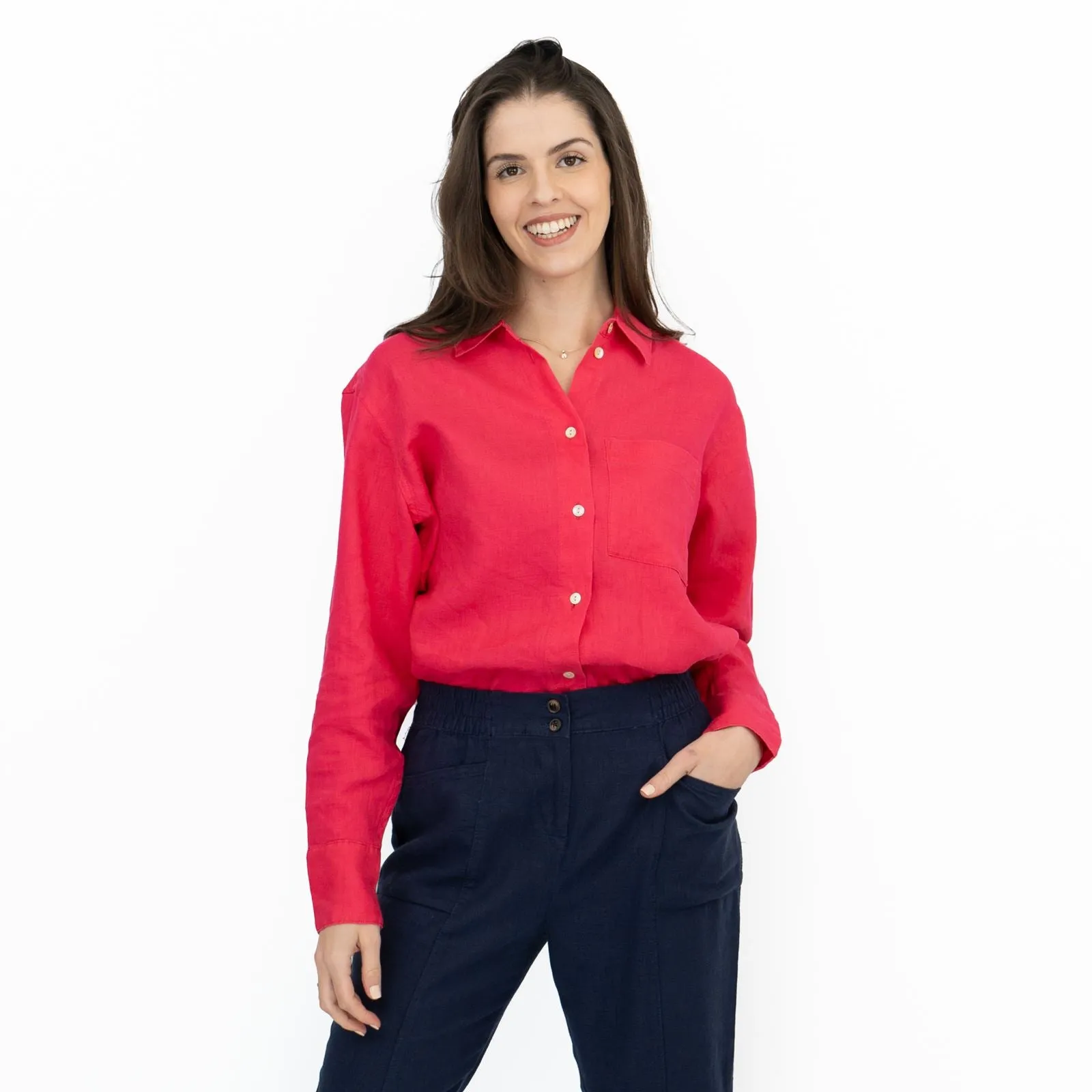 M&S Womens Fuschia Pure Linen Collared Blouse