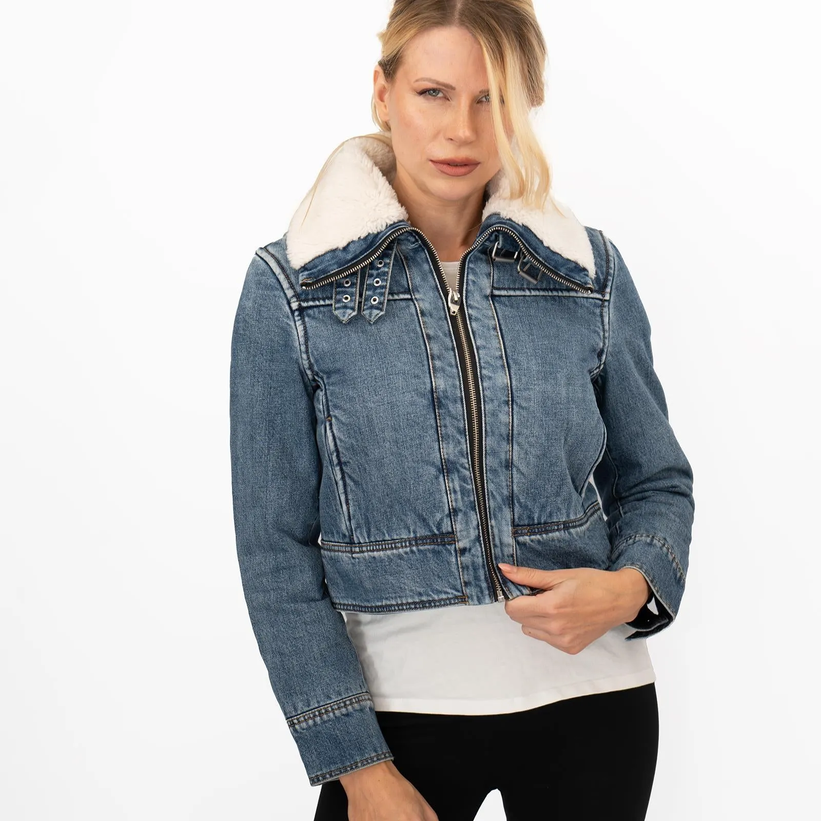 Mango Womens Shearling Denim Jacket