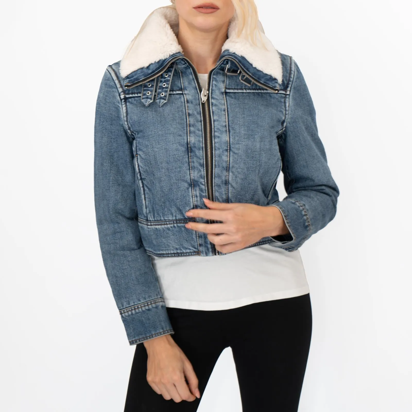 Mango Womens Shearling Denim Jacket