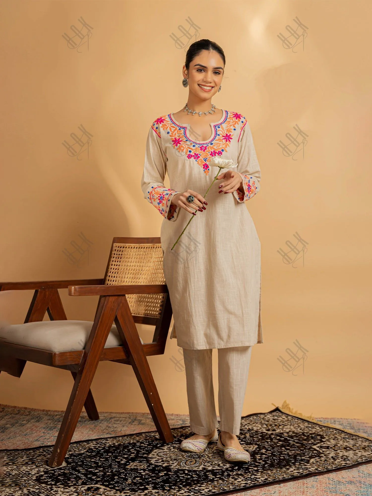 Mansi in Saba Chikankari in Cotton Kurta Set for Women - Beige