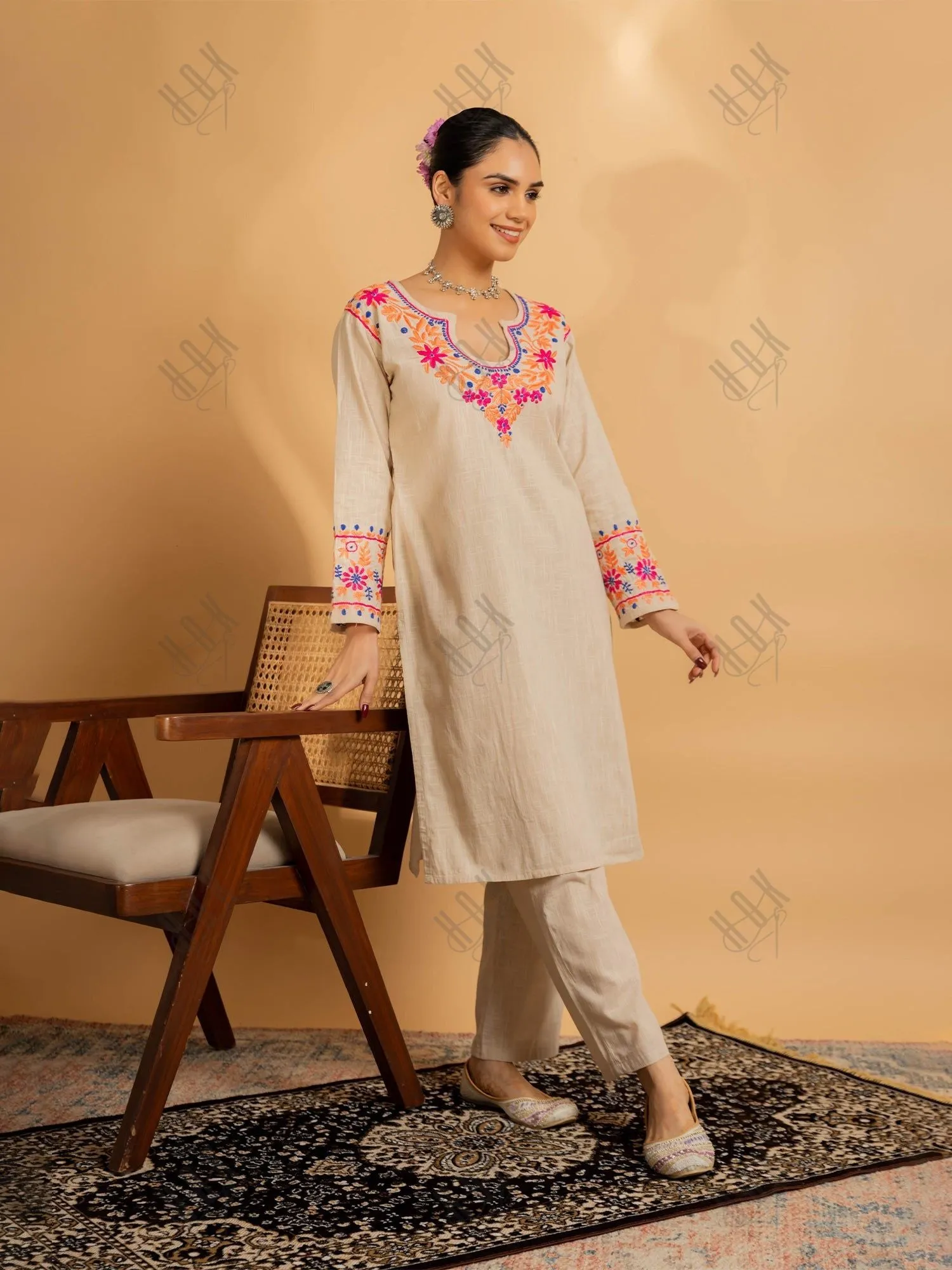 Mansi in Saba Chikankari in Cotton Kurta Set for Women - Beige