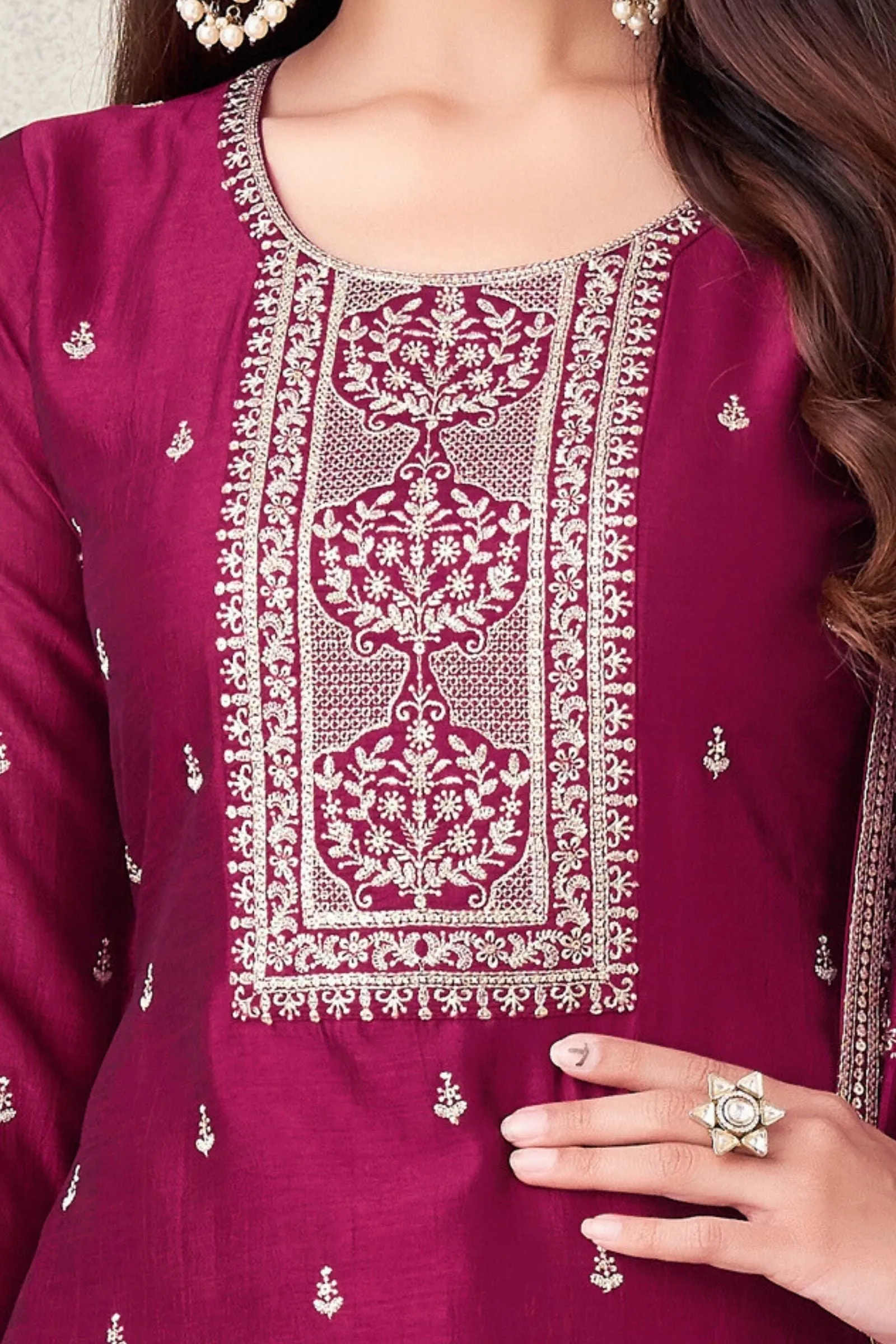 Maroon Silver Zari and Sequins work Straight Cut Salwar Suit