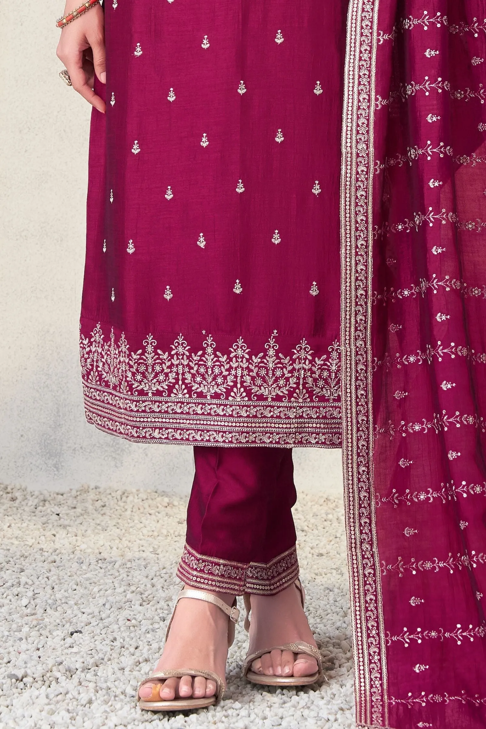 Maroon Silver Zari and Sequins work Straight Cut Salwar Suit