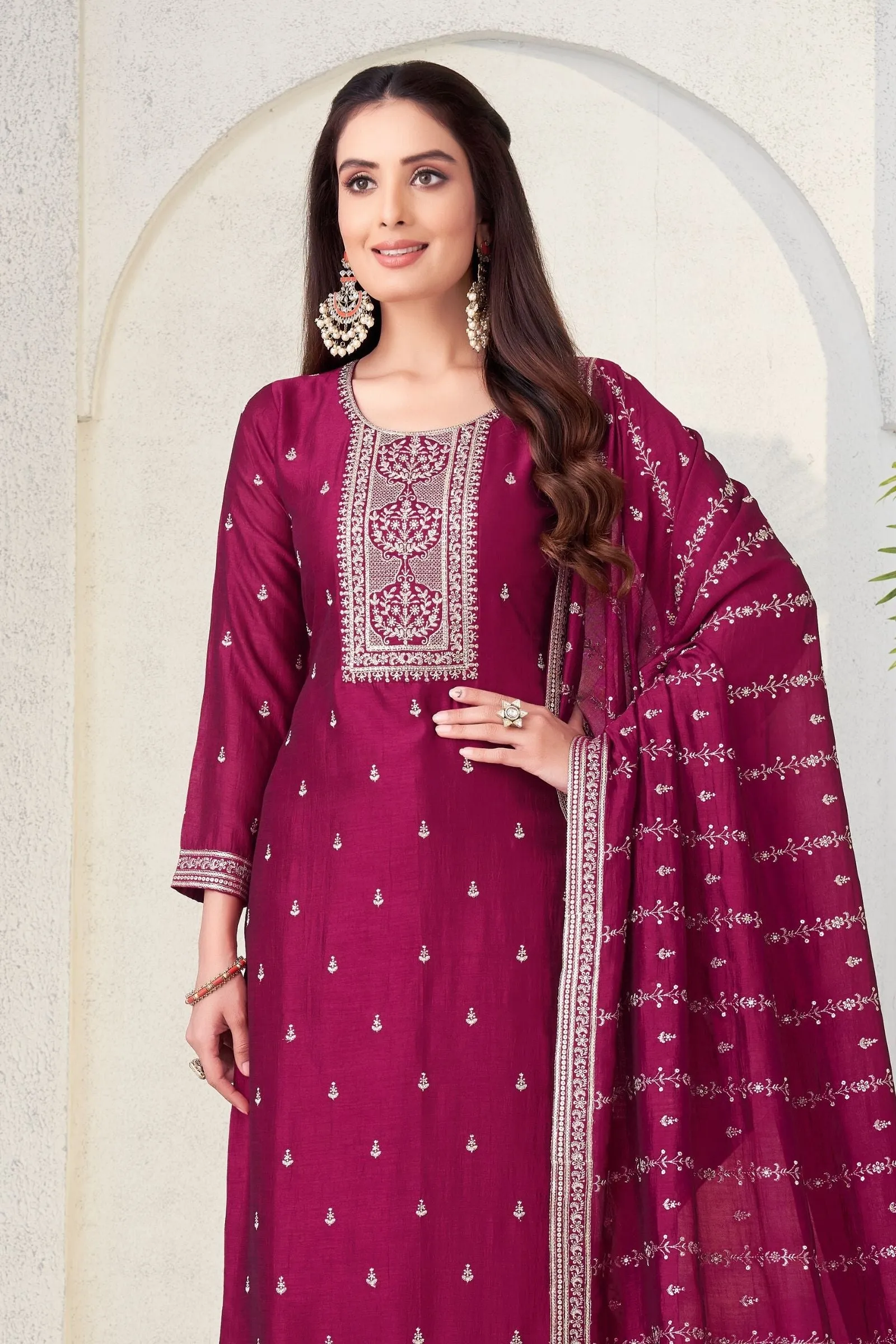 Maroon Silver Zari and Sequins work Straight Cut Salwar Suit