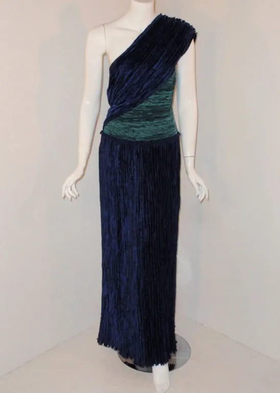 MARY MCFADDEN 1980s Blue and Teal One Shoulder Gown