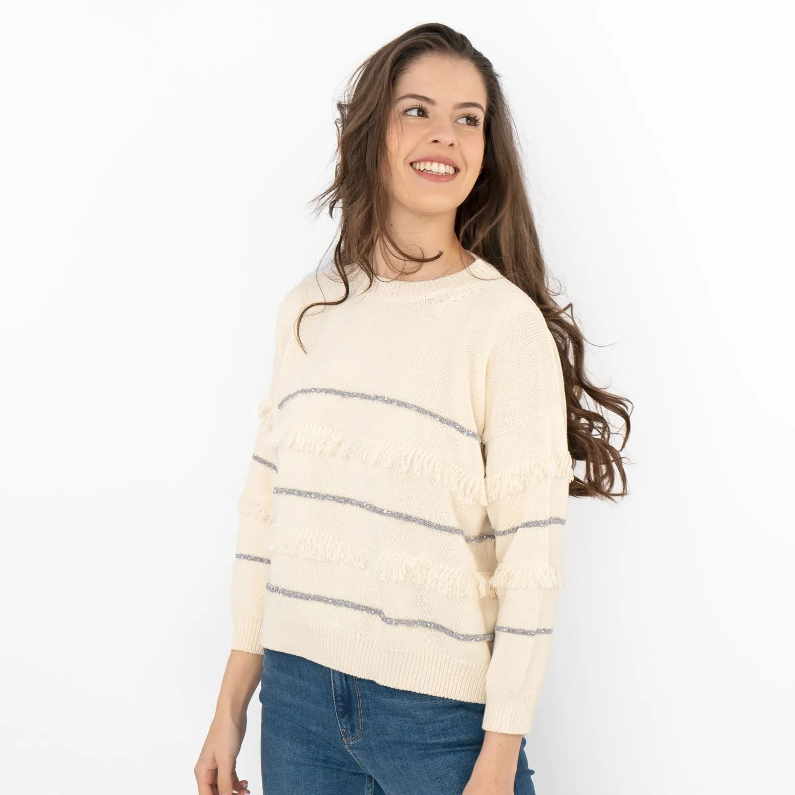 Max Mara Weekend Elfo Sweater White Cotton Blend Round Neck Long Sleeve Jumpers with Fringe Details