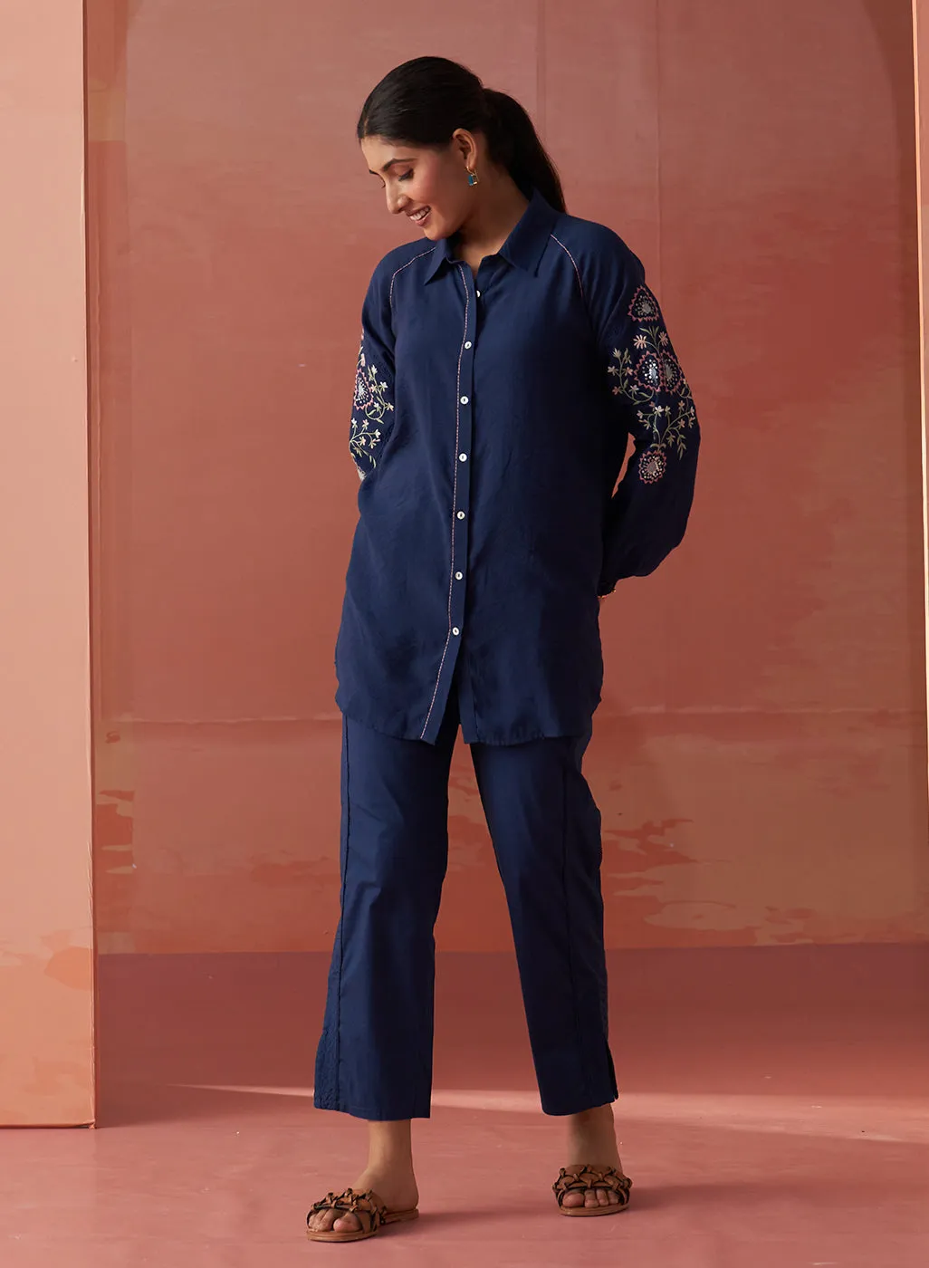 Mayal Navy Blue Embroidered Cotton Linen Shirt for Women