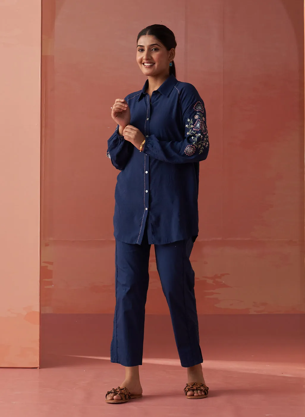 Mayal Navy Blue Embroidered Cotton Linen Shirt for Women