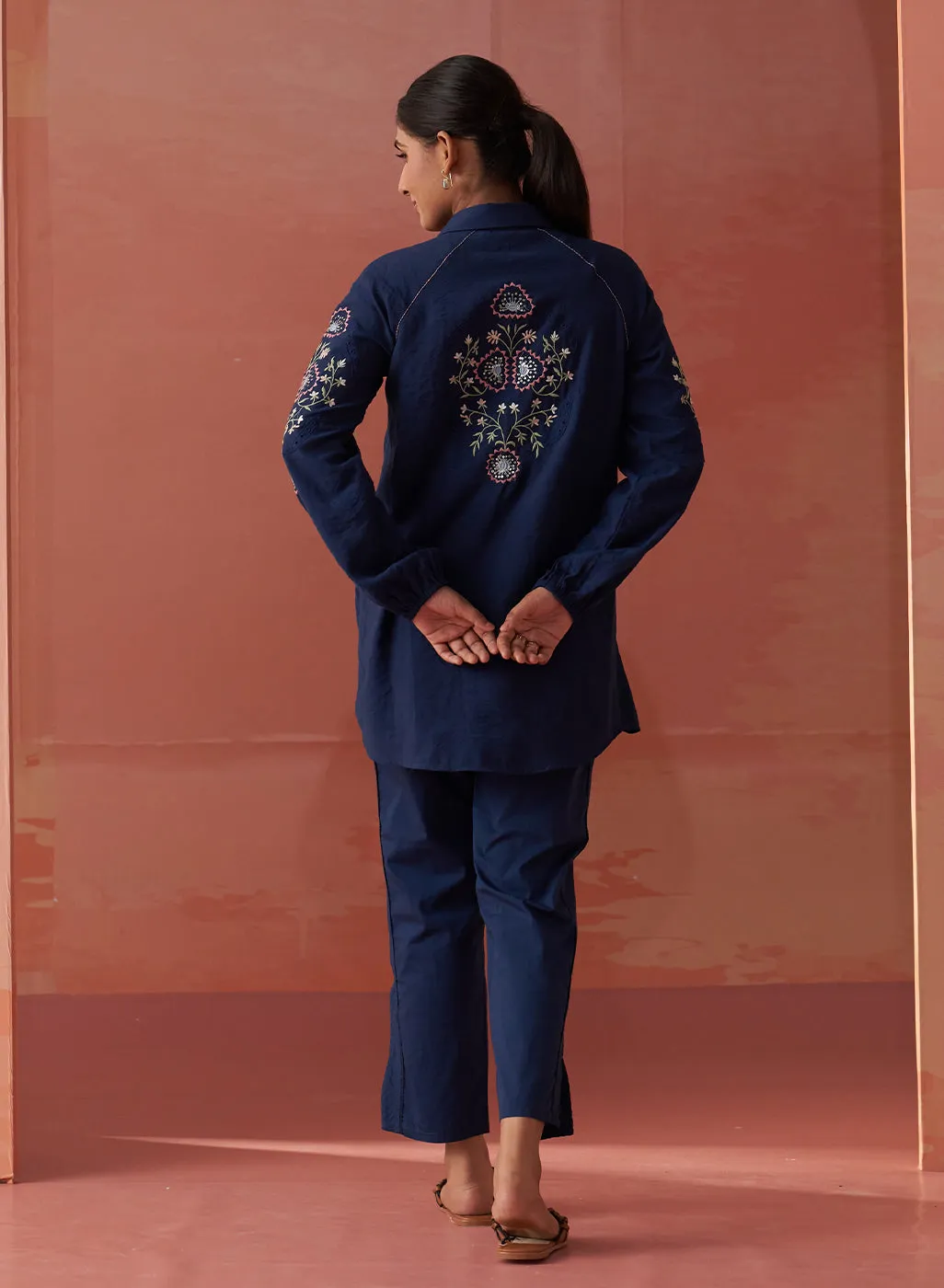 Mayal Navy Blue Embroidered Cotton Linen Shirt for Women