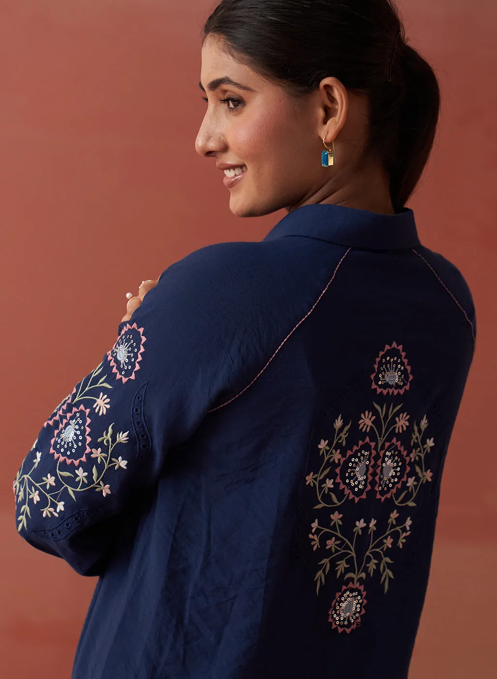 Mayal Navy Blue Embroidered Cotton Linen Shirt for Women