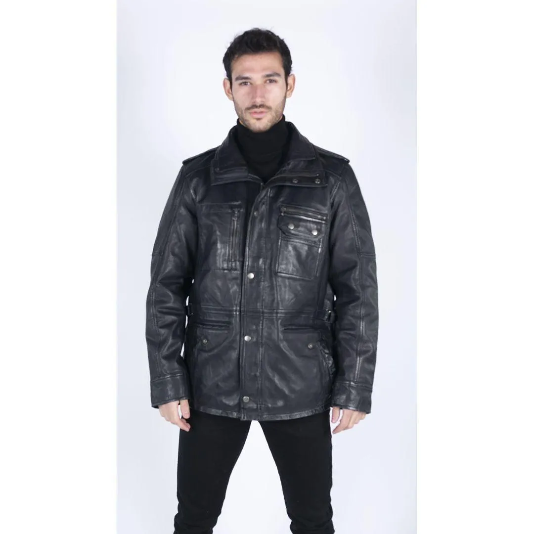 Mens 3/4 Tailored Fit Safari Parka Jacket Genuine Real Leather Military Black