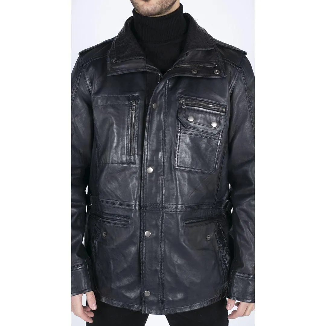 Mens 3/4 Tailored Fit Safari Parka Jacket Genuine Real Leather Military Black