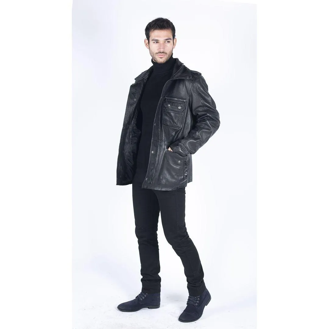 Mens 3/4 Tailored Fit Safari Parka Jacket Genuine Real Leather Military Black