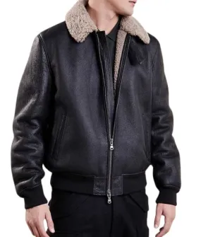 Mens Aviator Bomber Black Leather Jacket