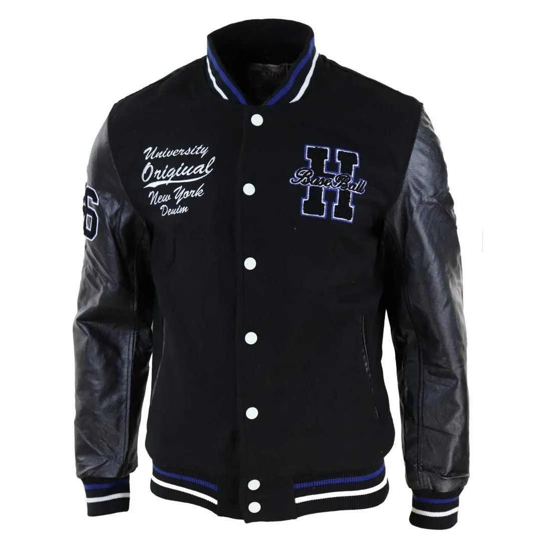 Mens Baseball Varsity Letterman College Fleece Jacket Badge PU Leather Sleeves