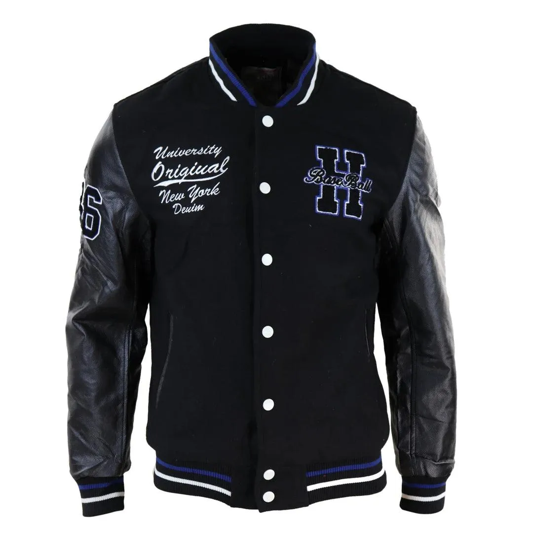 Mens Baseball Varsity Letterman College Fleece Jacket Badge PU Leather Sleeves