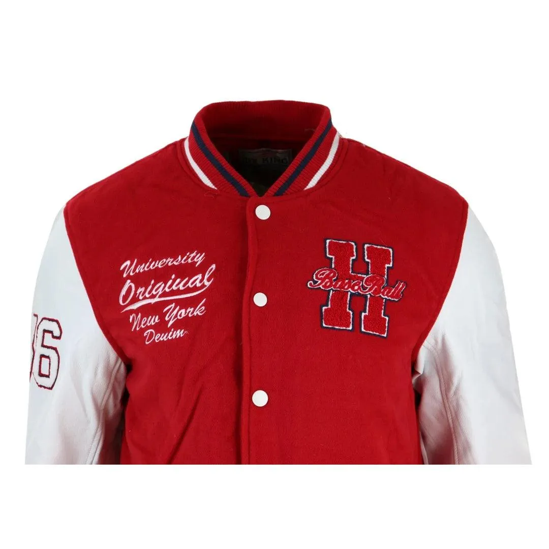 Mens Baseball Varsity Letterman College Fleece Jacket Badge PU Leather Sleeves