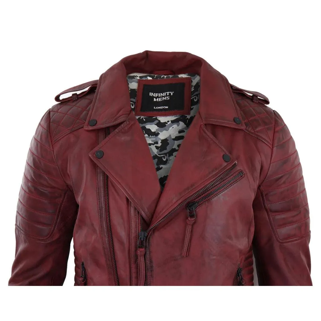 Mens Biker Jacket Cross Zip Black Wine Retro Vintage Tailored Fit Rock Punk