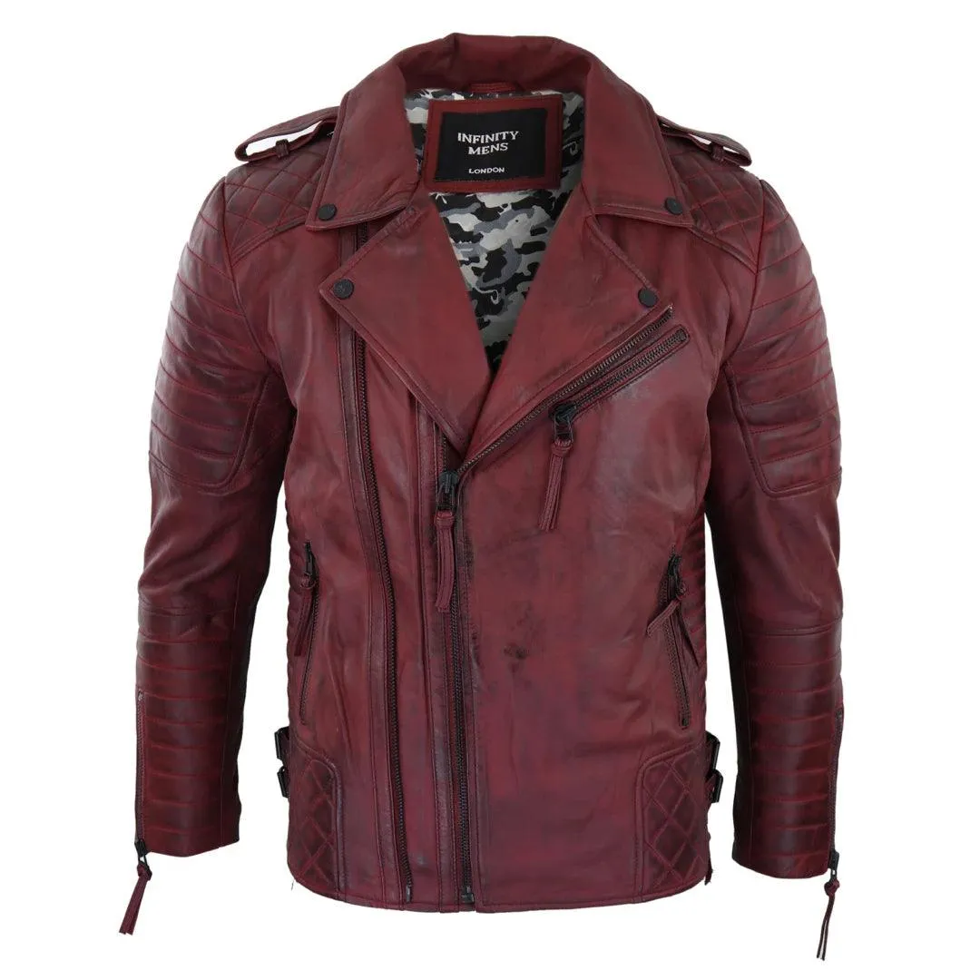 Mens Biker Jacket Cross Zip Black Wine Retro Vintage Tailored Fit Rock Punk