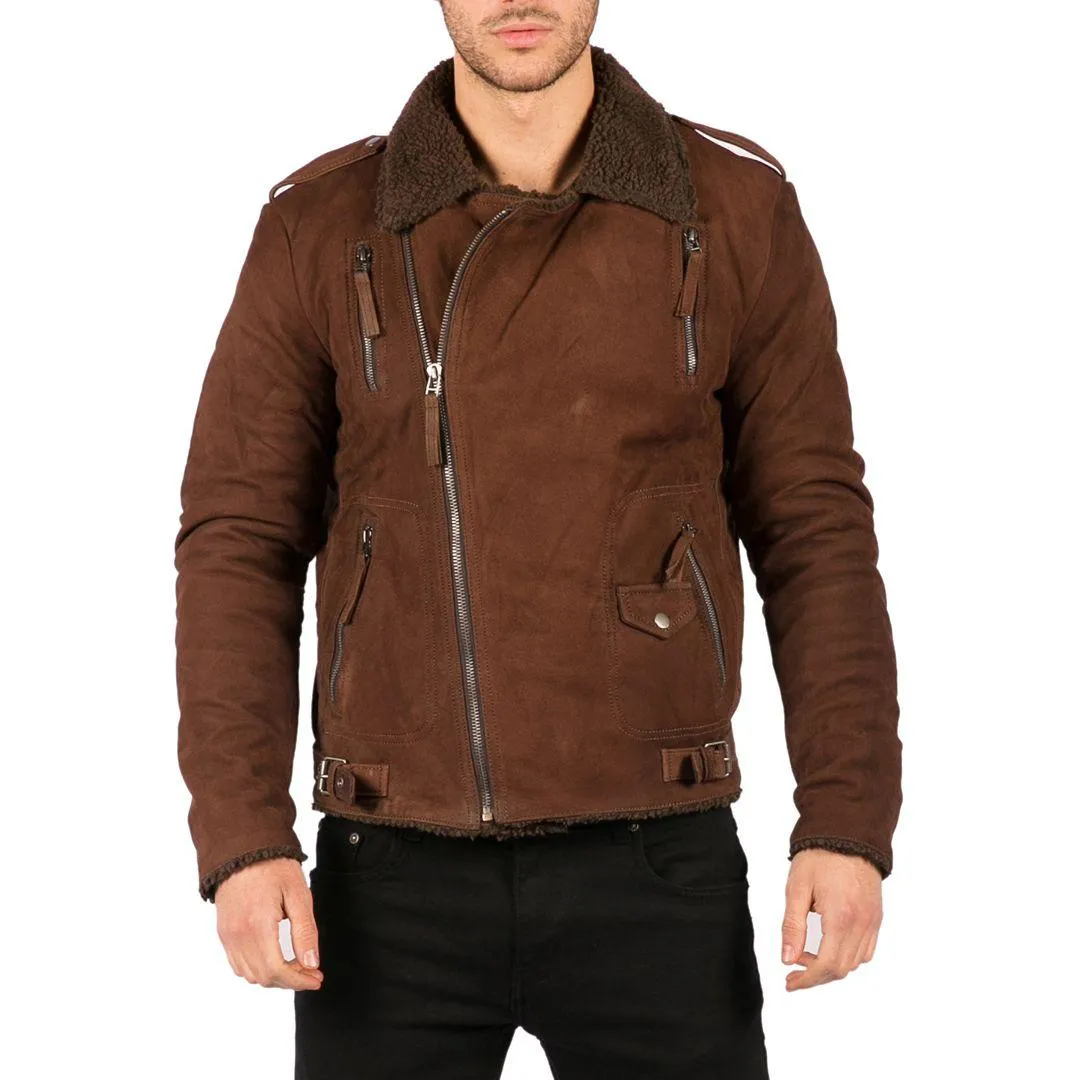 Mens Black Brown Cross Zip Real Leather Biker Jacket Fleece Lined Fitted Smart Casual