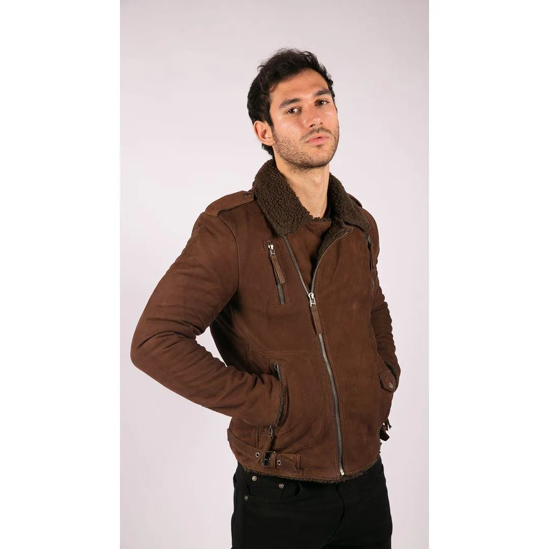 Mens Black Brown Cross Zip Real Leather Biker Jacket Fleece Lined Fitted Smart Casual