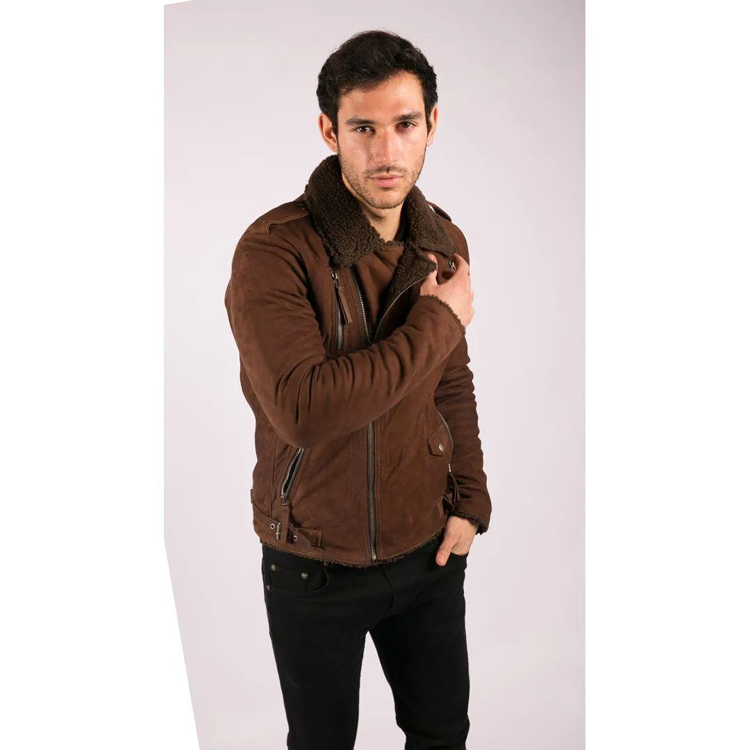 Mens Black Brown Cross Zip Real Leather Biker Jacket Fleece Lined Fitted Smart Casual