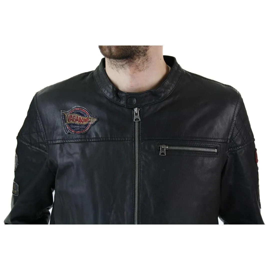 Mens Black Distressed Biker Zip Racing Jacket Badge Nehru Vintage Retro Motorcycle