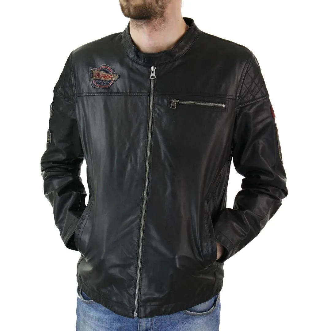 Mens Black Distressed Biker Zip Racing Jacket Badge Nehru Vintage Retro Motorcycle