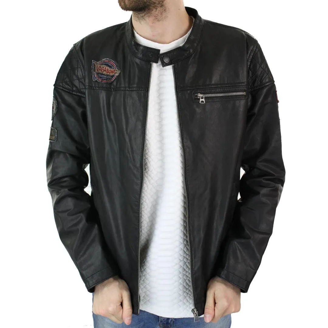 Mens Black Distressed Biker Zip Racing Jacket Badge Nehru Vintage Retro Motorcycle