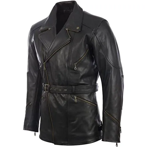 Men's Black Leather Belted Motorcycle Coat