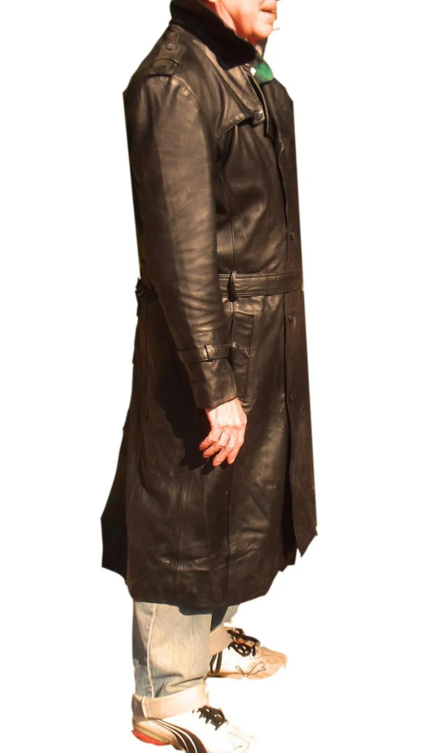 Mens Black Leather Trench Coat Full Length | Double Breasted