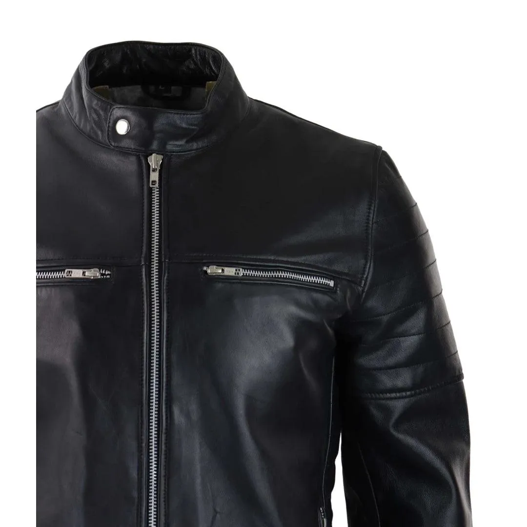 Mens Black Real Leather Jacket Short Zipped Biker Style Classic Vintage Retro